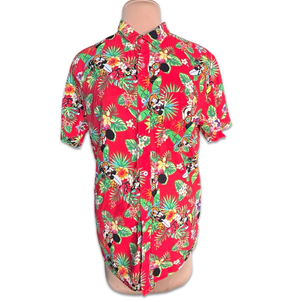 Disney Mickey Mouse Red Hawaiian Shirt Tropical Cotton Rayon Large Vacation